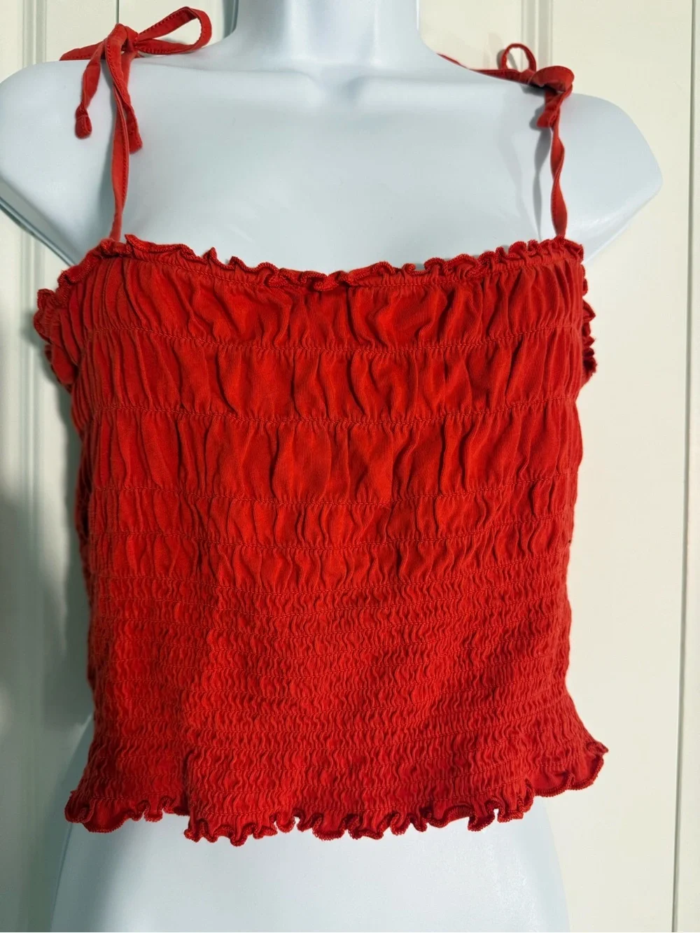 H&M Red Smocked Tie-Shoulder Crop Top